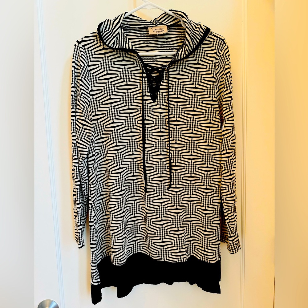 Lynn Ritchie Silver Collection Geometric Print Hoodie, Black and Ivory, Cool!